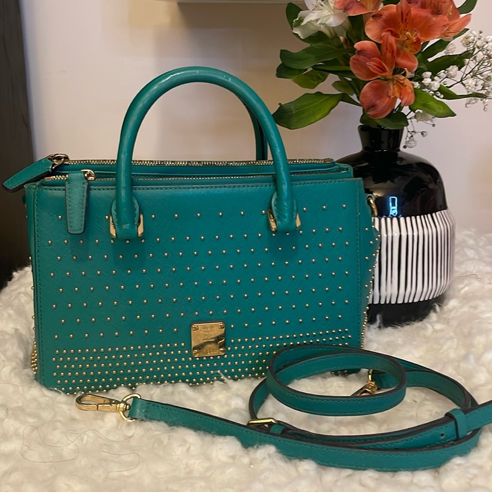 MCM Studded 2 way Green Bag